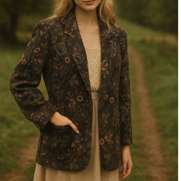 Vintage Floral Tapestry Blazer Jacket Open Front Boxy Fit Boho Cottagecore 90s - Picture 1 of 8